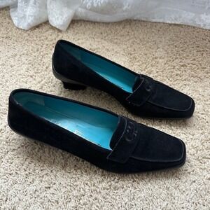 Salvatore Ferragamo Black Suede Gancini Logo Loafer Heels Women Size 7.5 Italy